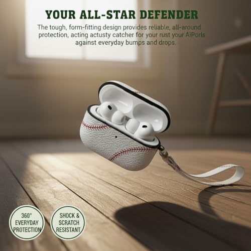 Baseball AirPods Pro 3 Case 2025, Premium PU Leather Protective Cover with Keychain, Cute Hard Shell Earbuds Case, White - color: (Baseball-05), size: Compatible with Airpods Pro 3(Model A2700/A2931)