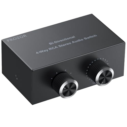 PROZOR RCA Stereo Audio Switcher - 2 in 1 Out R/L Stereo Audio Switch, 1 in 2 Out Stereo Audio Switcher Selector with Mute Button and No External Power Required (Black 4-1) | Bi-directional switcher, gold-plated interface, Includes 1.5m/4.9ft RCA cable fo