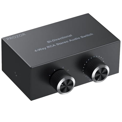 PROZOR RCA Stereo Audio Switcher - 2 in 1 Out R/L Stereo Audio Switch, 1 in 2 Out Stereo Audio Switcher Selector with Mute Button and No External Power Required (Black 4-1) | Bi-directional switcher, gold-plated interface, Includes 1.5m/4.9ft RCA cable fo
