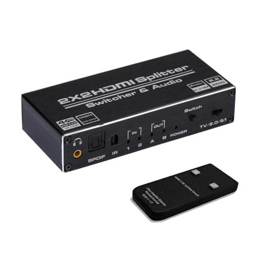 HDMI Switch 2x2, 2 Ports HDMI Switch Splitter 2 in 2 Out with IR Remote Control, Support HDMI 2.0, HDCP 2.2, Ultra HD, 4K x 2K@60Hz, 3D, 1080P (Dual Monitors Duplicate/Mirror Only)
