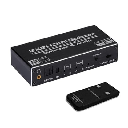 HDMI Switch 2x2, 2 Ports HDMI Switch Splitter 2 in 2 Out with IR Remote Control, Support HDMI 2.0, HDCP 2.2, Ultra HD, 4K x 2K@60Hz, 3D, 1080P (Dual Monitors Duplicate/Mirror Only)