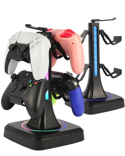 Controller Headset Stand for PS5, Xbox, Switch | 10 RGB light modes,Universal compatibility,360° rotatable headphone holder,Stable,Scratch protection,Easy assemble,Gamer gift