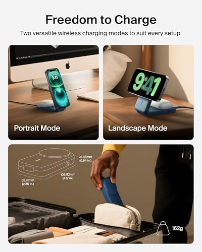Belkin Qi2.2 25W Wireless 2 in 1 Foldable Fast Charging Station for iPhone | Fast Charging, MagSafe Compatible, iPhone 17/16/15, AirPods, Travel Charger, Magnetic - color: Blue