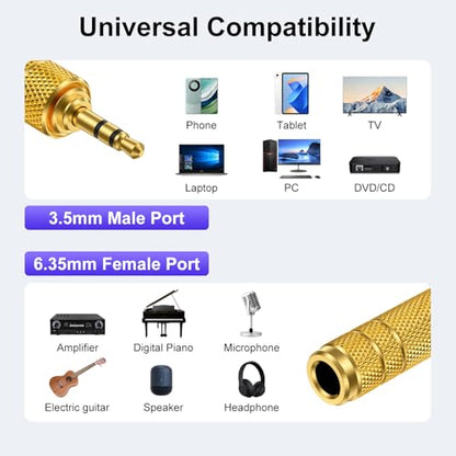 [2-Pack] 1/8" to 1/4" Headphone Adapter, Gold-Plated 3.5mm Audio Converter | 3.5mm to 6.35mm TRS Stereo Jack for Guitar, Amplifier, Mixer, Piano, Speaker & Home Studio Gear