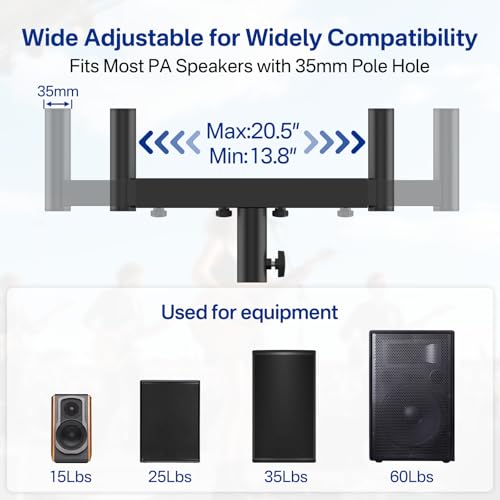 Rimous Heavy Duty Dual Fork Bracket Speaker Mount Bar Mounting Adjustable Width 13.78"- 20.47" | Fork Speaker Pole Mount Bar Adapter for PA/DJ Speakers with 35mm Pole Hole, Single