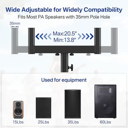 Rimous Heavy Duty Dual Fork Bracket Speaker Mount Bar Mounting Adjustable Width 13.78"- 20.47" | Fork Speaker Pole Mount Bar Adapter for PA/DJ Speakers with 35mm Pole Hole, Single