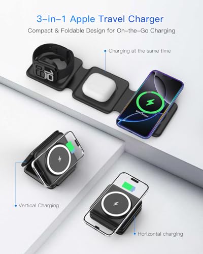 Fold Magnetic Wireless Charger for iPhone: Compact Charging Pad Fit Travel | 3 in 1 Charging Station for Magsafe Apple Watch iPhone 17 16 15 14 13 12 & Airpod - Charger Dock for Travel Bedside Office - color: Dark black