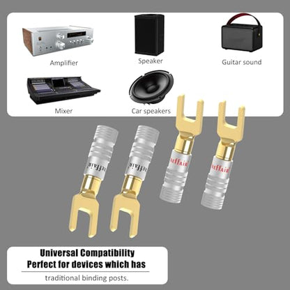 Preffair 24K Gold Plated Y Spade Plug Double Screw Welding-Free 13-18 AWG Gauge Size 4mm Speakers Amplifier Hi-Fi AV Stereo Home Theatre Audio Wire Cable Connector, 4 Pcs/2Pairs