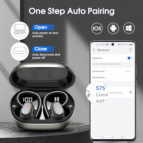 Jesebang Wireless Earbuds, Bluetooth 5.4 Headphones Sport, Over Ear Buds with ENC Noise Canceling Mic, Deep Bass Stereo Ear Buds with Hook, 50H Playback, LED Display, IP7 Earphones for Workout, Grey | 50H Playback, IP7 Waterproof Earphones for Workout Run