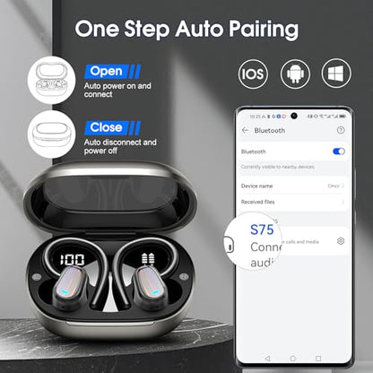 Jesebang Wireless Earbuds, Bluetooth 5.4 Headphones Sport, Over Ear Buds with ENC Noise Canceling Mic, Deep Bass Stereo Ear Buds with Hook, 50H Playback, LED Display, IP7 Earphones for Workout, Grey | 50H Playback, IP7 Waterproof Earphones for Workout Run