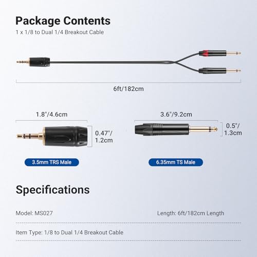 NEEWER 3.5mm 1/8 TRS to 1/4 Dual 6.35mm TS Breakout Cable, 6 ft Male to Male Stereo Audio Splitter Cord Adapter for Phone Tablet Laptop Computer Mixer Speaker Studio Monitor PA System, MS027 - size: 3.5mm（182cm）, style: Dual TS Male