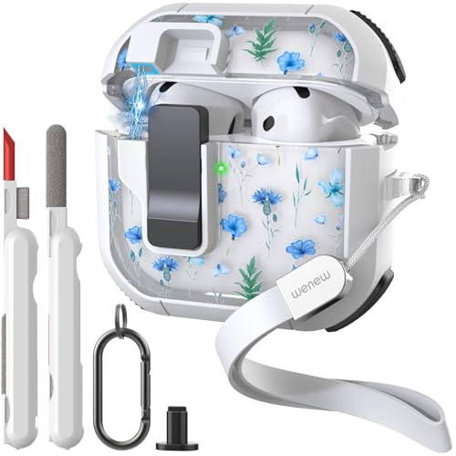 WENEW Case for AirPods 4th Case Cover Secure Lock Automatic Snap Switch Clip Cleaner Kit Lanyard Women Stylish Flower Armour Hard Shell Full Body Front LED Visible (Blue Flower, AirPods 4th) - color: Blue Flower, size: AirPods 4