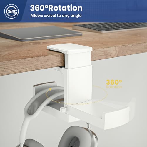 Dual Headphone Stand Holder - EURPMASK 2 in 1 PC Gaming Headset Hooks, 360 Degree Rotating Headphone Hanger with Adjustable Clamp & Cable Clip Organizer, Headset Mount Under Desk Earphone Clamp-White - color: White