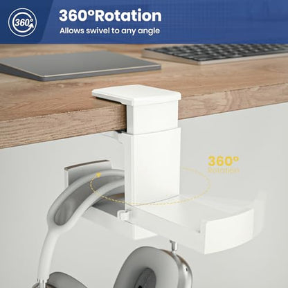 Dual Headphone Stand Holder - EURPMASK 2 in 1 PC Gaming Headset Hooks, 360 Degree Rotating Headphone Hanger with Adjustable Clamp & Cable Clip Organizer, Headset Mount Under Desk Earphone Clamp-White - color: White