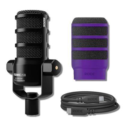 Rode PodMic USB Dynamic Broadcast Microphone Bundle with WS14 Purple Pop Filter — XLR and USB-C Studio Mic with Aphex DSP for Streaming, Twitch Broadcasting, Esports Commentary, Gaming Podcasting