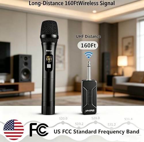 Bietrun Wireless Microphone, Dynamic Microphone with Rechargeable Receiver - color: Black