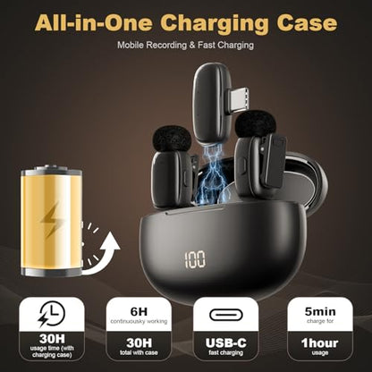 Wireless Lavalier Mini Microphone for iPhone ipad Android | 30H Long Battery Life, Noise Cancellation, Plug & Play for Vlogging, Video Recording, Podcast, YouTube, TikTok
