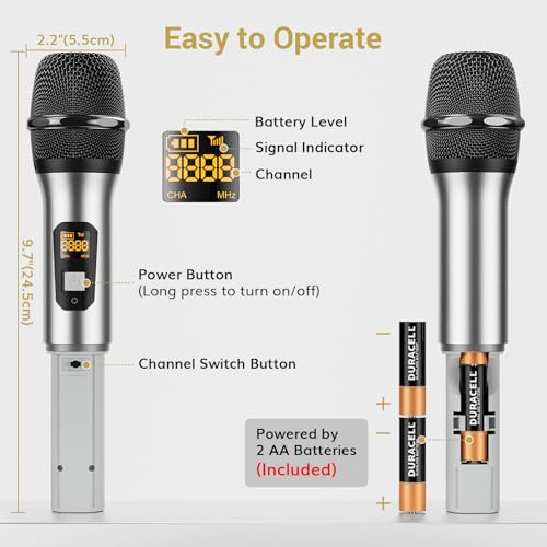 TONOR Wireless Microphones System, 4x10 Channel UHF Wireless Mic, 4 Handheld Adjustable Frequency Metal Cordless Dynamic Mic, Multiset Operation, 90 m Ideal for Karaoke Singing Wedding Church, Silver - style: 4 Mics