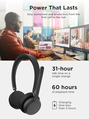 Lenovo Wireless Stereo Headset, Noise Cancelling Mic, Bluetooth 5.3 Multipoint, 31-Hour Talk & 60-Hour Playback, Lightweight 138g, Replaceable Earcups Over-Ear Comfort, Gaming, Office, & PC Use | Bluetooth headset with noise cancellation and 31-hour talk