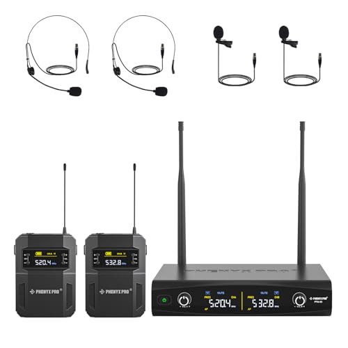 Phenyx Pro UHF Wireless Microphone System w/ 2x30 Tunable Frequencies, Metal Cordless Mic Set, 200 ft Range,2 Bodypacks & Headsets/Lapel Mics for Speaking, Singing, Church, DJ (PTU-52-2B)