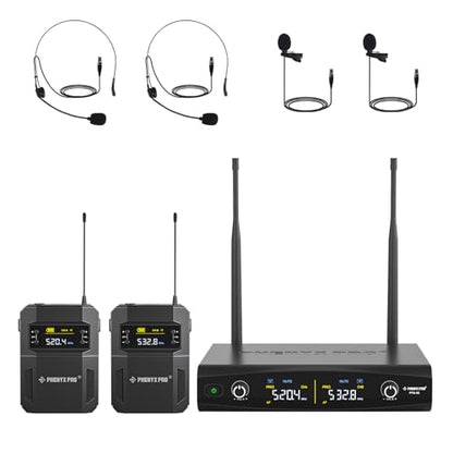 Phenyx Pro UHF Wireless Microphone System w/ 2x30 Tunable Frequencies, Metal Cordless Mic Set, 200 ft Range,2 Bodypacks & Headsets/Lapel Mics for Speaking, Singing, Church, DJ (PTU-52-2B)