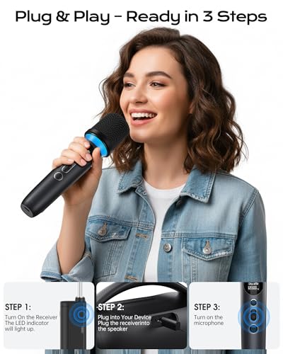 Wireless Microphone, One-Touch Mute & Dynamic RGB Lighting, Professional-Grade Dual Handheld Dynamic Microphone, 200-Foot Ultra-Long Range & 40-Hour Battery Life. for Singing and Family Gatherings.