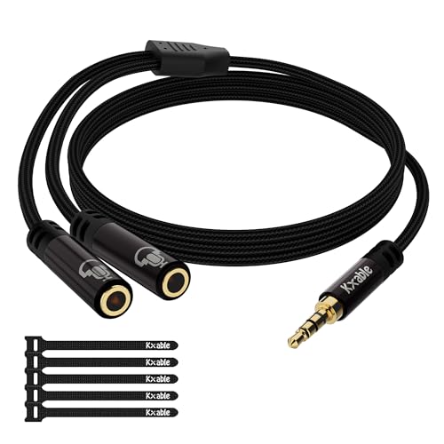 1/8inch Aux Headphone Splitter 2 Way Cable 1.5FT, 3.5mm 4-Pole Male to 2-Female Port Mic and Audio Stereo Y TRRS Adapter, Compatible with Headset Earphone PS4 Xbox PC Laptop MP3 players Phone Tablet - size: 1.5FT