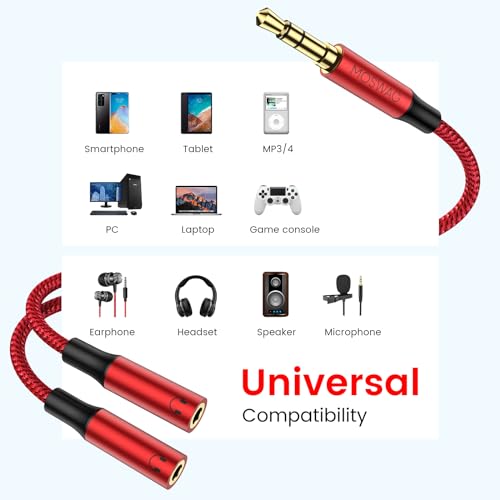 MOSWAG 3.5mm Male to Dual 3.5mm Female Headphone Splitter Adapter, Compatible with iPhone, Samsung, PS4, Switch, Tablets, PC, Laptop, MP3 - color: Red
