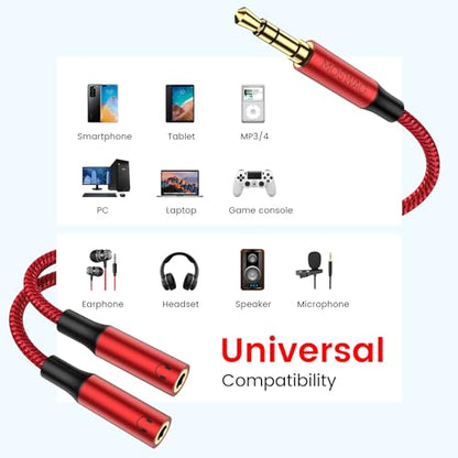 MOSWAG 3.5mm Male to Dual 3.5mm Female Headphone Splitter Adapter, Compatible with iPhone, Samsung, PS4, Switch, Tablets, PC, Laptop, MP3 - color: Red
