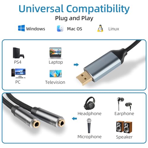 USB to 3.5mm Audio Jack Adapter, TRRS USB to AUX Audio Jack External Stereo Sound Card for Headphone, Speaker, MAC,PS5, PC, Laptop, Desktops...