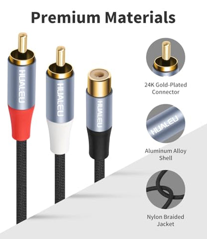 1FT RCA Splitter 1 Female to 2 Male, 2 Pack - RCA Audio Video Cable Splitter Adapter,Aluminum Alloy housing/Braided Cable/Integrated Injection Molded Splitter - color: RCA 1F to 2M