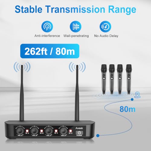Aveek Wireless Microphone System 4 Pack, 262FT Long Range Low Latency Mics | 40H Rechargeable Battery, Stable Signal, Studio Sound, Handheld Karaoke Mics for Singing, Church, Speech, Wedding, Home Party