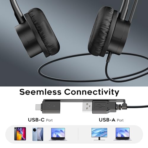 MKJ USB Headset with Noise Cancelling Microphone for Call Center & Office | USB-A & USB-C Connectors, Work with Computer PC Laptop, for Zoom Ms Teams Webinar, Clear Sound, Soft Ear Cushions
