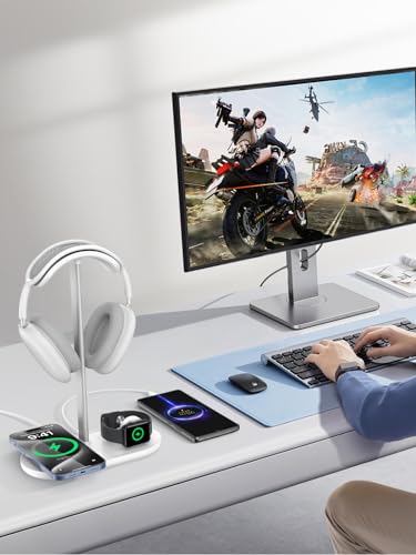 TopMade 5-in-1 Headphone Stand for Desk with Wireless Charger & USB Charger for iPhone/AirPods/iWatch/Samsung, Universal Desktop Headset Stand for AirPods Max, Bose, Beats and More, White