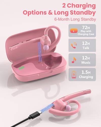 New Bee Bluetooth Headset V5.1 72H Talk Time Dual Mic with Mute Button for Business, Wireless Hand-Free Bluetooth Earpiece with 500mAh Charging Case for Cell Phone Calls Trucker Driver Laptop - color: Pink, style: M54