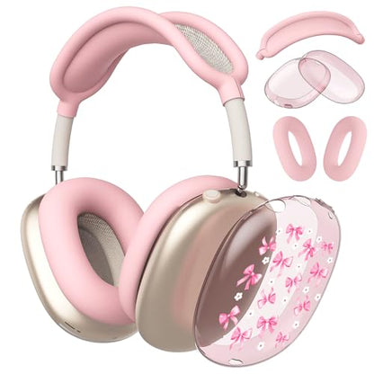 Pink Floral Bow Clear Case for Airpods Max Headphones Cute Kawaii Soft TPU Ear Cups Cover Anti-Scratch Silicone Ear Pad Protective Case Fshion Design Headband Cover for Apple Airpods Max - color: Flower bow 09