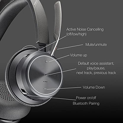 Poly Voyager Focus 2 UC Bluetooth Wireless Headset, USB-C, Pairs to Both Laptop and Cellphone for Work Calls Video Meetings- Compatible with Teams, Zoom, RingCentral, 8x8, Global Teck Microfiber - color: w/o stand-USB C, style: Focus 2-Standard