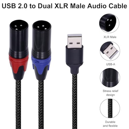 Poyiccot USB to XLR Auido Amplifier Cable, USB A to Dual XLR Male Audio Cable, PC Type A to Stereo Splitter Power Amplifier Converter Prefossional for Mixer, Laptop, Speaker, etc 3.3ft