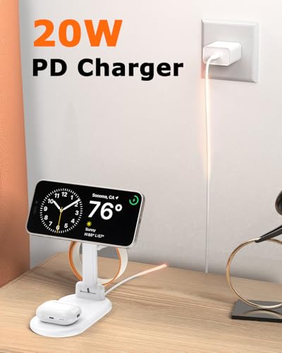 Magnetic Wireless Charger Mag-Safe 3 in 1 Charging Station Foldable | 15W Max Wireless Charging Stand for iPhone 17/16/15/14/13/12, Fast Travel Charger for Multiple Devices iWatch Airpods (White)