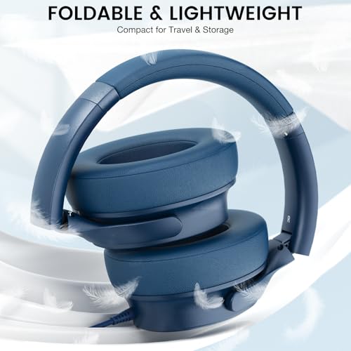 USB C Wired Over-Ear Headphones with Microphone | Volume Control, Share Port, Adjustable Headband Foldable Stereo Headset for Adult/Teens for iPhone 16, Laptop, Gaming, Travel - color: New Blue