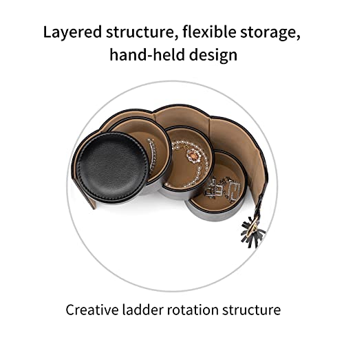 VLANDO Travel Jewelry Organizer, 3 Tier Roll Up Design, Hard Shell Storage | Stepped Sections Compartments Keep Jewelry Visible, Soft Lining Protect Pieces, Snap Closure, Travel Gift for Women Girl - color: Black
