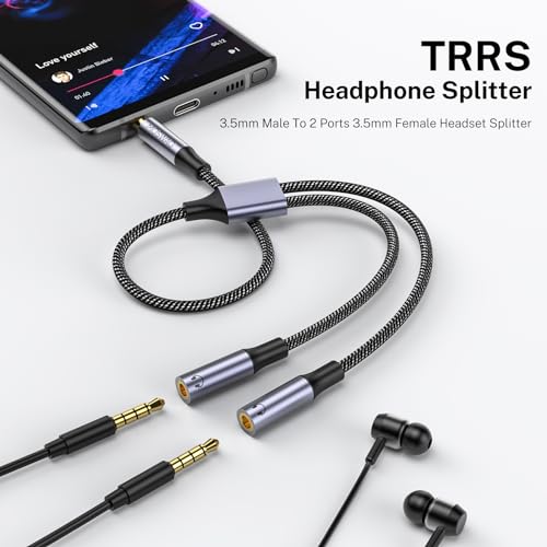 MOSWAG Headphone Splitter,Stereo Audio 3.5mm TRRS Splitter for 2 Headphones | Strong Braided & Gold-Plated Y Splitter, Dual Support Audio & Mic, AUX Splitter 1 in 2 out for Phone,PC,Laptop,Tablet,PS4,MP3 - color: Black