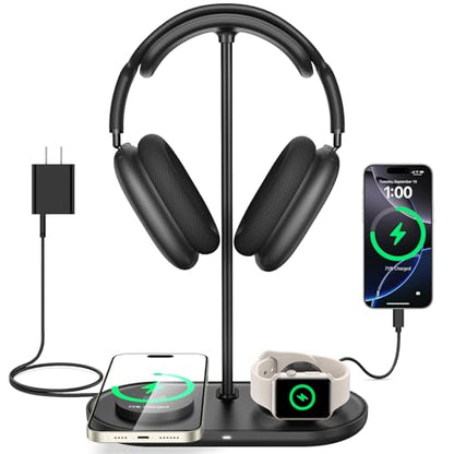 4 in 1 Headphone Stand, Airpod Max Charger Stand with 15W Wireless Charger | Headset Holder for AirPods Max 2/Pro/iWatch/Vision Pro, Charging for iPhone 17/16/15/14/13/12/11/X, Aluminum Alloy Rod, Black - color: Dark Black