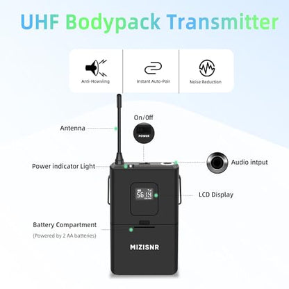 Lapel Wireless Microphone System with Headset & Lavalier Mics, 4 Channel UHF Metal Receiver with 2 Handheld Microphones & 2 Bodypacks, 300ft Range for Singing, Church, Karaoke, Wedding
