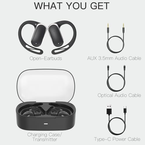 2.4GHz Wireless TV Headphones for Seniors, Open-Ear Hook Design for All-Day Comfort, Plug-and-Play (No Bluetooth), Low Latency, 50ft Range, Charging Case Transmitter with Optical & 3.5mm AUX Cables
