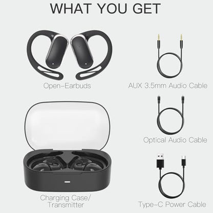 2.4GHz Wireless TV Headphones for Seniors, Open-Ear Hook Design for All-Day Comfort, Plug-and-Play (No Bluetooth), Low Latency, 50ft Range, Charging Case Transmitter with Optical & 3.5mm AUX Cables
