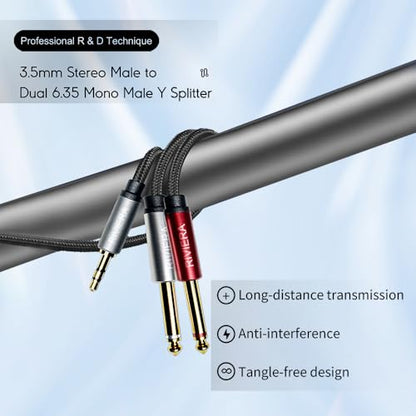 RIVIERA 10FT/3.0M Audio Cable 3.5mm 1/8" TRS to Dual 6.35mm 1/4" TS Braided Sheilded Copper Wire and 24K Gold Plated Low Noise with Braided Nylon Jacket for Digital Players & Musical Instruments - color: 1/8 TRS-Dual 1/4 TS Black, size: 10FT/3.0M