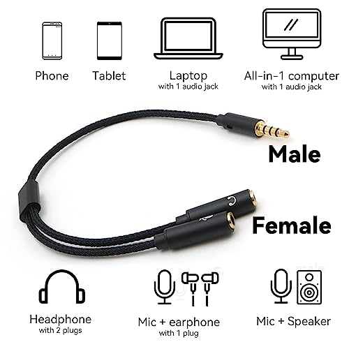 TRRS to TRS Adapter Splitter - 3.5mm 1/8" Audio Splitter Cable | TRRS Male to 2 TRS Female Cable Adapter, Aux Cord for iPhone Android Laptop Microhopone Earphone Speaker, Headphone Adapter