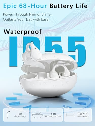 Open Ear Earbuds ENC AI Air Conduction Headphones 68H Playtime, Stereo Sound, Touch Control, Premium Clip-On Open-Ear Earphones for Office & Daily Use, White - color: White