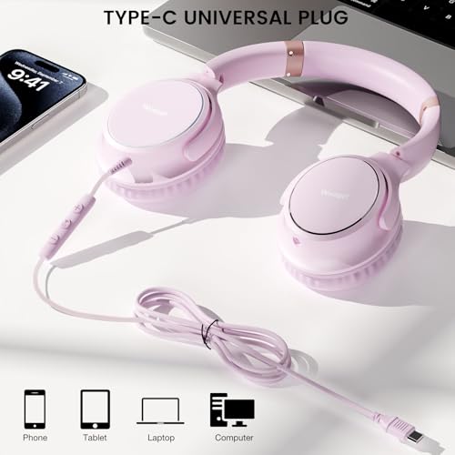 USB C Wired Over-Ear Headphones with Microphone | Volume Control, Share Port, Adjustable Headband Foldable Stereo Headset for Adult/Teens for iPhone 16, Laptop, Gaming, Travel - color: Pink